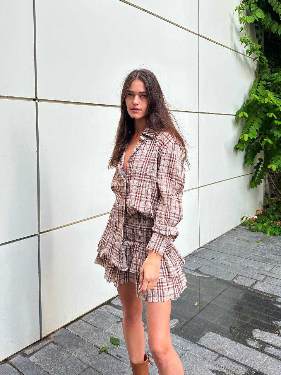 PLAID SKIRT BROWN