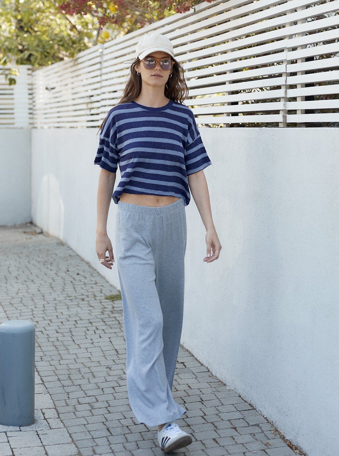 CROP LINEN T BLUE STRIPE